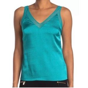 Ted Baker Womens Mesh-Trimmed Silk Top, V-Neck Cami, Teal, Size 1.           N